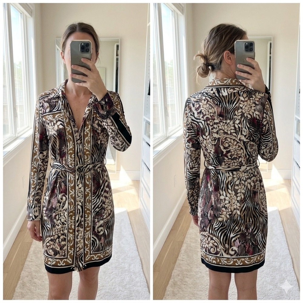 CACHE Vintage Y2K‎ Shirt Dress Womens 4 Animal Print Zebra Snakeskin Belted Mini